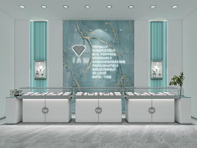 Jewelry Store Interior With Teal Marble Wall Diamond Logo And White Display Counters 3d model