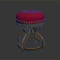 Traditional Wooden Stool With Red Padded Seat And Decorative Studs On Curved Legs