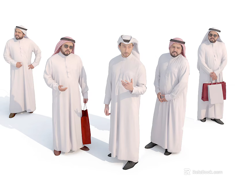 Group of Middle Eastern Men in White Thobes and Headscarves Holding Red Bags 3d model 