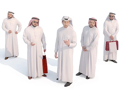Group of Middle Eastern Men in White Thobes and Headscarves Holding Red Bags 3d model
