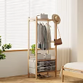 Wooden Practical Storage Shelf With Hanging Clothes Mirror Hat Bag And Storage Baskets 3d model