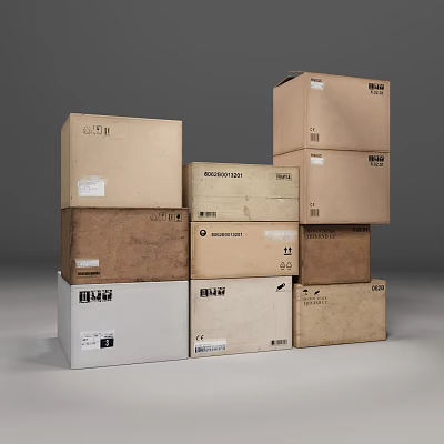 Stacked Brown And White Cardboard Boxes With Various Labels And Different Sizes 3d model