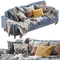 Cozy Blue Sofa Set with Soft Pillows and Furry Wool Blanket