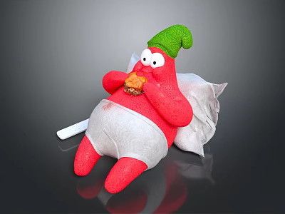 Red Game Movie Character In Green Hat White Diaper Holding Hamburger With Pillow And Cigarette 3d model
