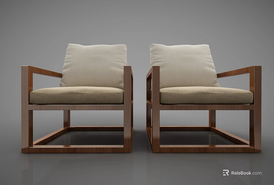 Pair of Modern Single Sofas Featuring Wooden Frame And Beige Fabric Cushions 3d model 