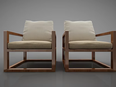 Pair of Modern Single Sofas Featuring Wooden Frame And Beige Fabric Cushions 3d model