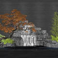 Indoor Landscape With Rockery Waterfall Orange Maple Tree And Green Plants Against Gray Wall
