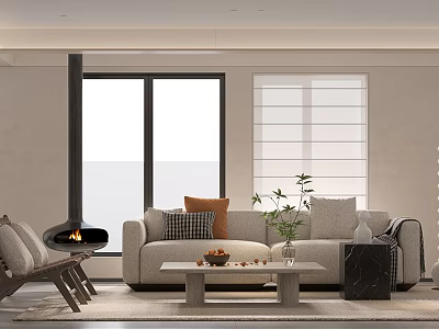 Comfortable Office Lounge With Sofa Coffee Table Fireplace Plants And Window Blinds 3d model