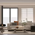 Comfortable Office Lounge With Sofa Coffee Table Fireplace Plants And Window Blinds