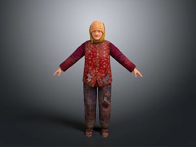 Woman Wearing Red Floral Top Plaid Pants And Yellow Headscarf Standing Against Gray Background 3d model