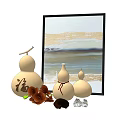 Decorative Ornament Set with Gourd Figurines Chinese Fu Character Magnolia Flowers and Black Frame Painting