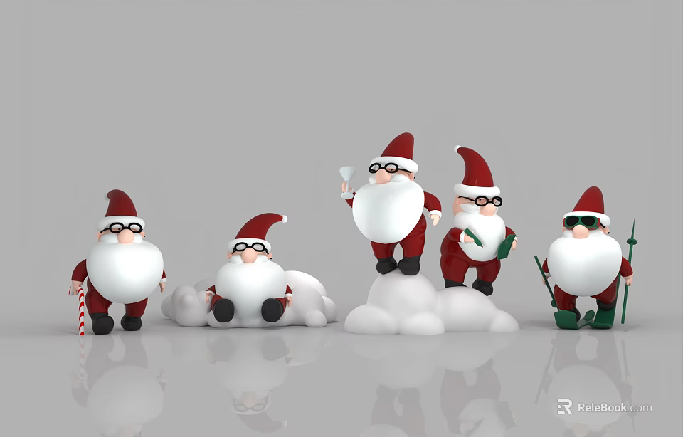 Inflatable Santa Figures Wearing Hats Glasses In Various Poses With Candy Canes Snow Piles 3d model