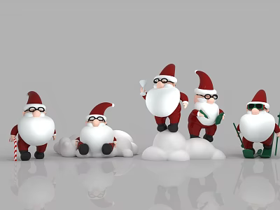 Inflatable Santa Figures Wearing Hats Glasses In Various Poses With Candy Canes Snow Piles 3d model
