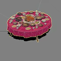 Round Dining Table with Pink Tablecloth Filled with Roast Chicken Bowls Plates and Small Decorations