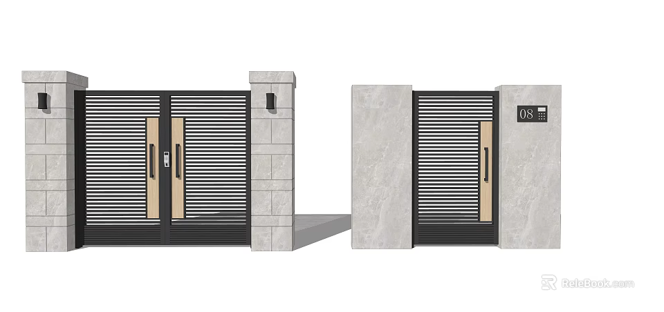 Modern Entrance Gate With Black Slatted Design Stone Structure Number Plate 08 And Wall Lamp 3d model 