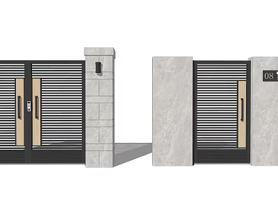 Modern Entrance Gate With Black Slatted Design Stone Structure Number Plate 08 And Wall Lamp 3d model