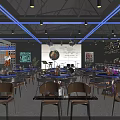 Modern Restaurant Interior Design With Round Tables Bar Counter Neon Lights And Wine Racks