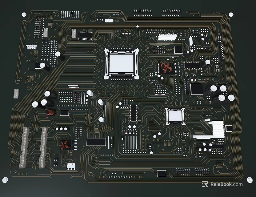High Quality Computer Motherboard With CPU Chips Capacitors And Heat Sinks 3d model