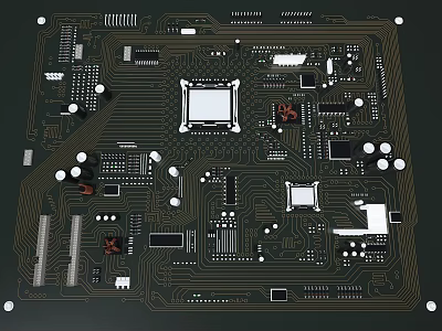 High Quality Computer Motherboard With CPU Chips Capacitors And Heat Sinks 3d model