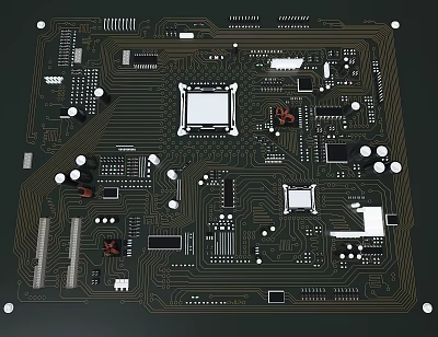 High Quality Computer Motherboard With CPU Chips Capacitors And Heat Sinks 3d model