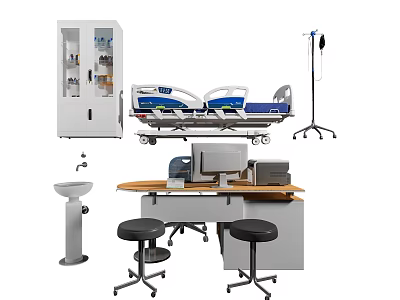 Medical Office Desk With Computer Printer Stools Medicine Cabinet IV Stand And Sink 3d model