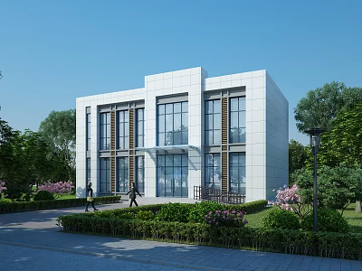 Modern White Office Building Featuring Large Glass Windows Surrounded By Greenery Trees And Pedestrian Walkway 3d model
