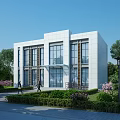 Modern White Office Building Featuring Large Glass Windows Surrounded By Greenery Trees And Pedestrian Walkway