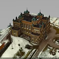Historic Classical Architecture Building With Green Copper Roofs And Spires In Snowy Landscape