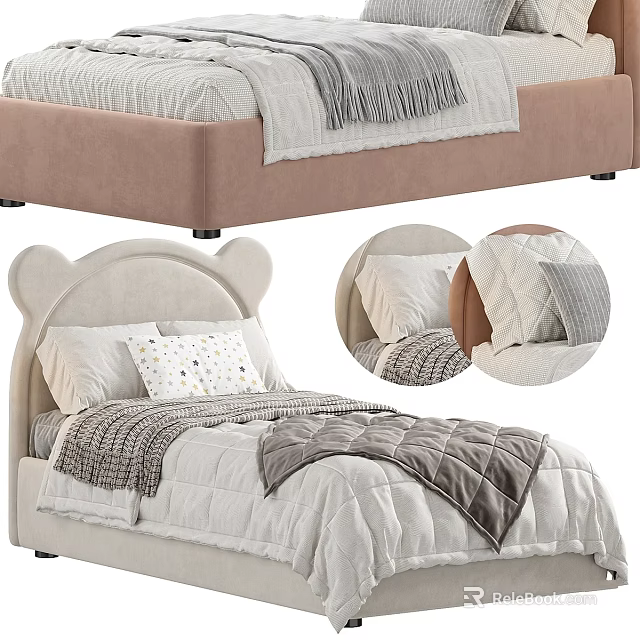 Cute Upholstered Kids Bed With Teddy Bear Headboard Soft Quilt And Pillows 3d model 
