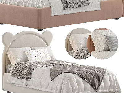Cute Upholstered Kids Bed With Teddy Bear Headboard Soft Quilt And Pillows 3d model