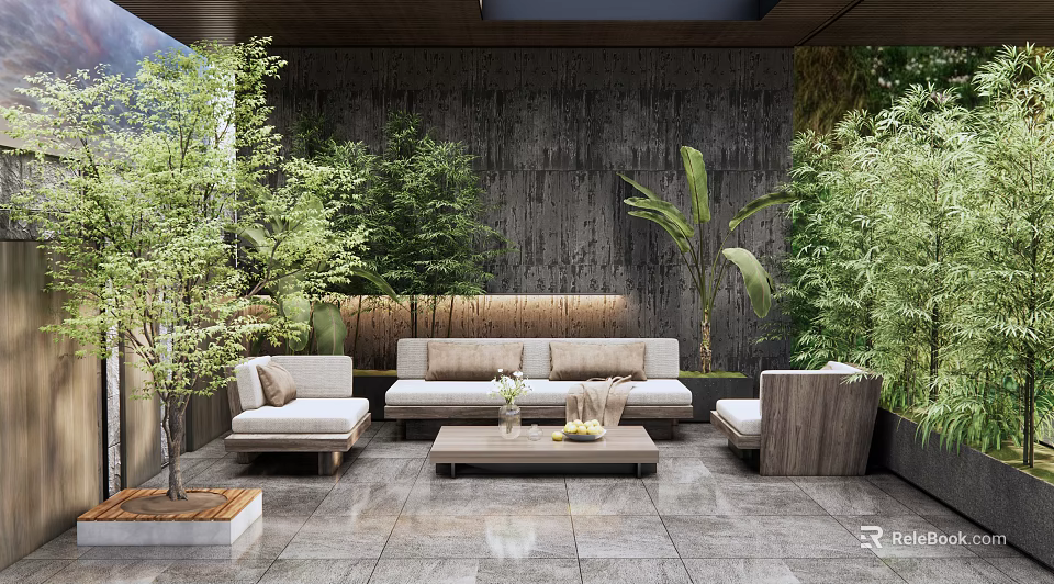 Roof Garden Design With Sofa Seating Coffee Table And Lush Green Plants 3d model 