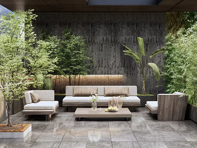 Roof Garden Design With Sofa Seating Coffee Table And Lush Green Plants 3d model