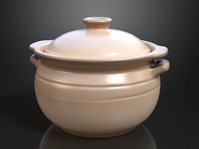 Beige Ceramic Casserole With Lid And Two Handles On Dark Background 3d model