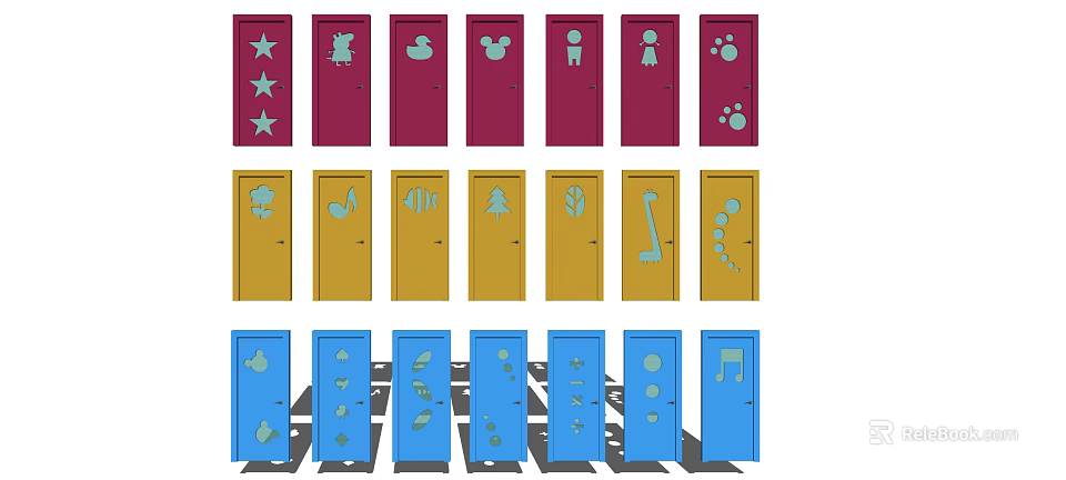 Colorful Hinged Doors With Red Yellow Blue Options And Decorative Patterns 3d model 