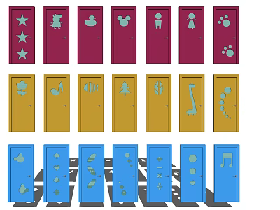 Colorful Hinged Doors With Red Yellow Blue Options And Decorative Patterns 3d model