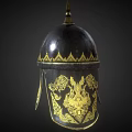 Traditional Ancient Weapon Helmet With Dark Metal Surface And Gold Decorative Spiked Top