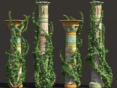 Green Vines Wrapped Around Decorative Columns With Colorful Stripes And Intricate Patterns 3d model