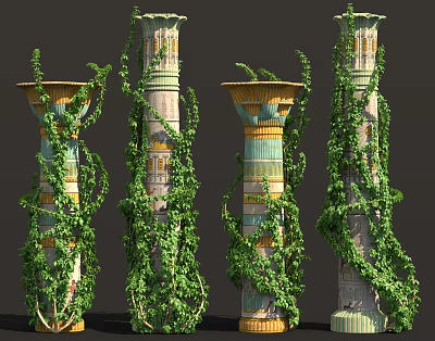 Green Vines Wrapped Around Decorative Columns With Colorful Stripes And Intricate Patterns 3d model