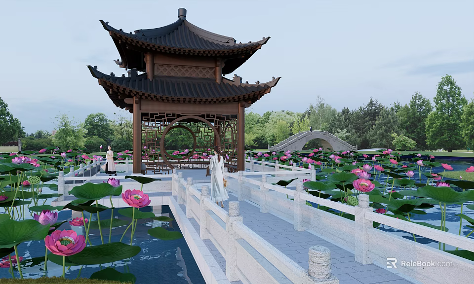 Tranquil Waterfront Landscape With Traditional Chinese Pavilion Lotus Pond And White Railings 3d model 