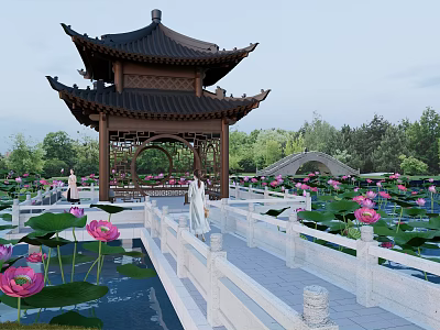 Tranquil Waterfront Landscape With Traditional Chinese Pavilion Lotus Pond And White Railings 3d model