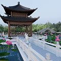 Tranquil Waterfront Landscape With Traditional Chinese Pavilion Lotus Pond And White Railings