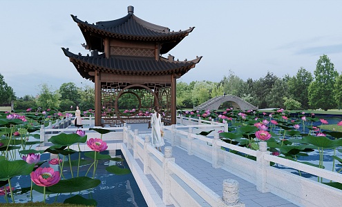 Chinese Park Lake Island Landscape 3d model