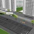 Modern Entrance Gate With Orange Sculpture Black Pavement And Lawn Among High Rise Buildings