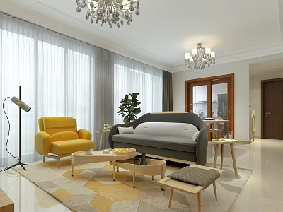 Modern Living And Dining Room With Chandeliers Yellow Armchair Gray Sofa Coffee Tables Large Windows 3d model