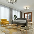 Modern Living And Dining Room With Chandeliers Yellow Armchair Gray Sofa Coffee Tables Large Windows