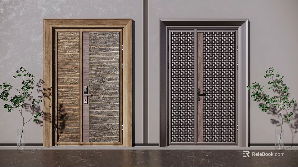 Modern Double Door with Sleek Frame Wooden Texture and Dark Gray Grid Pattern 3d model