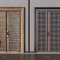 Modern Double Door with Sleek Frame Wooden Texture and Dark Gray Grid Pattern 3d model