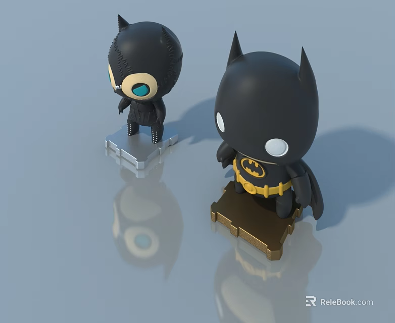 Two Black Batman Figurines With Yellow Logo On Different Stands And Reflections 3d model