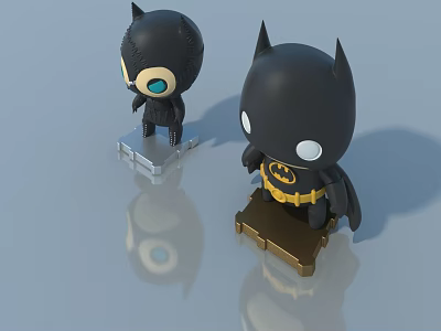 Two Black Batman Figurines With Yellow Logo On Different Stands And Reflections 3d model