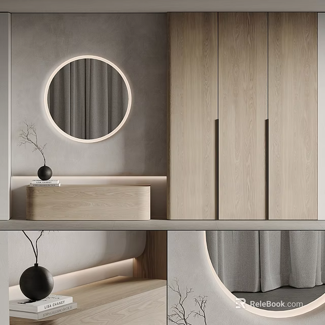 Modern Minimalist Bathroom Cabinet Design With Round Mirror And Light Wood Finish 3d model 